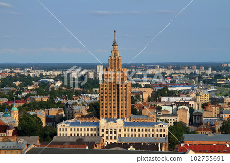 The Latvian Academy of Sciences from the spire of St. Peter's Church in the Old Town of Riga, a World Cultural Heritage Site, Latvia 102755691
