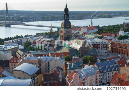 Riga, the capital of Latvia, the northern European Baltic countries. The view from the St. Peter's Church steeple observatory in the historic district of Riga's Old Town, a World Heritage Site. 102755693