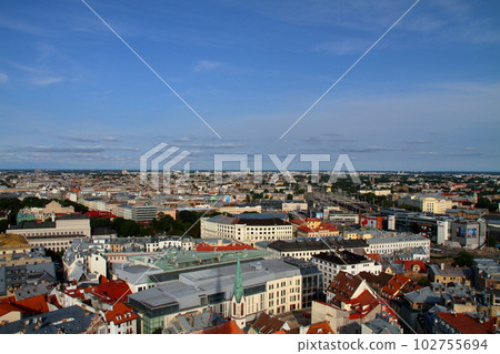 Riga, the capital of Latvia, the northern European Baltic countries. The view from the St. Peter's Church steeple observatory in the historic district of Riga's Old Town, a World Heritage Site. 102755694
