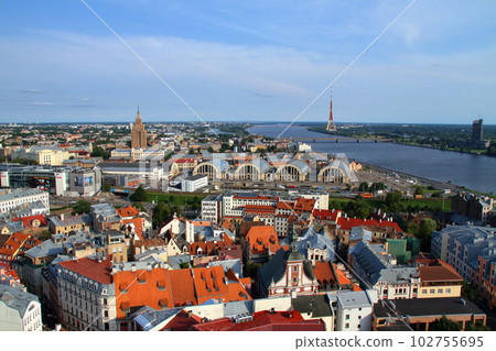 Riga, the capital of Latvia, the northern European Baltic countries. The view from the St. Peter's Church steeple observatory in the historic district of Riga's Old Town, a World Heritage Site. 102755695