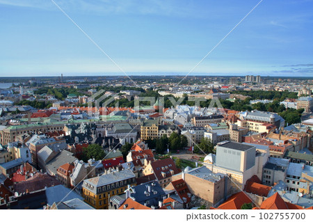 Riga, the capital of Latvia, the northern European Baltic countries. The view from the St. Peter's Church steeple observatory in the historic district of Riga's Old Town, a World Heritage Site. 102755700