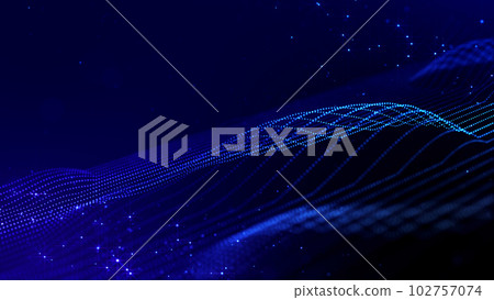 3d render. Abstract sci-fi bg with glow particles form curved lines, surfaces, hologram structures or virtual digital space. Deep blue motion design background of microworld or cosmic space. Strings 3d render. Abstract sci-fi bg with glow particles form curved lines, surfaces, hologram structures or virtual digital space. Deep blue motion design background of microworld or cosmic space. Strings 102757074