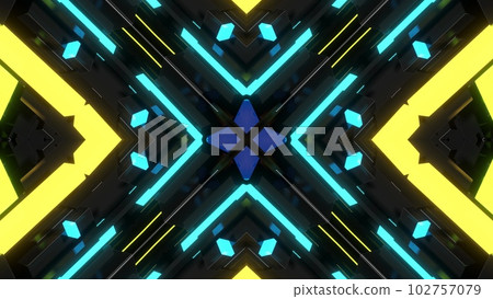 3d render. Sci-fi bg. Dark bg with abstract symmetrical pattern of geometric 3d stuff and neon light. Science fiction cyberpunk bg 3d render. Sci-fi bg. Dark bg with abstract symmetrical pattern of geometric 3d stuff and neon light. Science fiction cyberpunk bg 102757079
