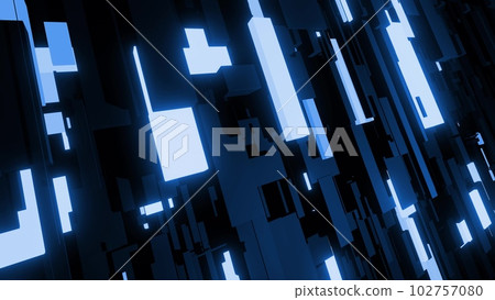 3d render. Abstract dark blue background with neon light like cyberpunk night city. Network of different sizes blocks as light bulbs. 3d render. Abstract dark blue background with neon light like cyberpunk night city. Network of different sizes blocks as light bulbs. 102757080