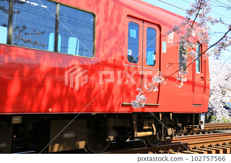 名鐵各務原線列車穿過櫻花橋 102757566