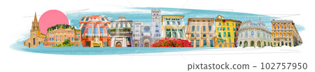 Collage of facades of Italian buildings in old part of town Genoa, Italy. Collage of facades of Italian buildings in old part of town Genoa, Italy. 102757950