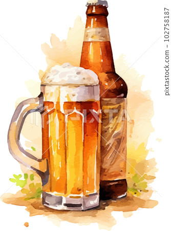 Beer bottle and mug watercolor illustration AI image 102758187
