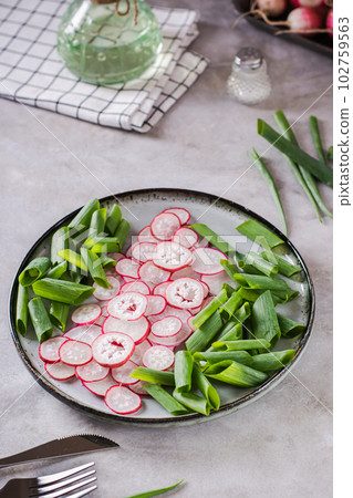 Spring homemade radish and chives salad on a plate on the table vertical view Spring homemade radish and chives salad on a plate on the table vertical view 102759563