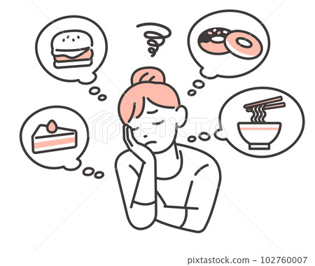 一個女人忍受她想吃的東西的矢量插圖材料/飲食限制/碳水化合物限制 102760007