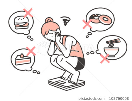 Vector illustration material of a woman who is worried about getting on a weight scale / diet / weight gain Vector illustration material of a woman who is worried about getting on a weight scale / diet / weight gain 102760008