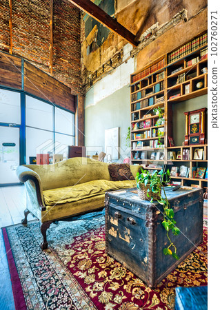 A classic old bookshelf in the historic Intermission Bookshop of Brownwood, Texas, with its domestic brownwood furniture adding a nostalgic atmosphere. 102760271
