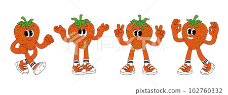 Fruit retro funky cartoon characters. Comic mascot of strawberry with happy smile face, hands and feet. Groovy summer vector illustration. Fruits flower berries juicy sticker pack. Fruit retro funky cartoon characters. Comic mascot of strawberry with happy smile face, hands and feet. Groovy summer vector illustration. Fruits flower berries juicy sticker pack. 102760332