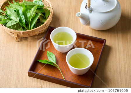 Tea brewed in a teapot and raw tea leaves 102761996