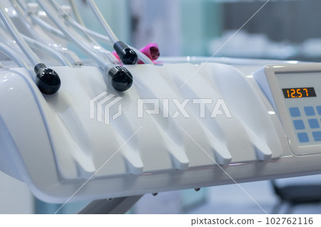 Different tools and dentistry instruments in dental office - close up view 102762116