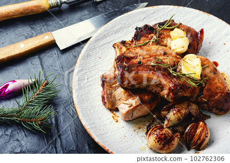 Grilled meat steak for christmas, BBQ. Grilled meat steak for christmas, BBQ. 102762306