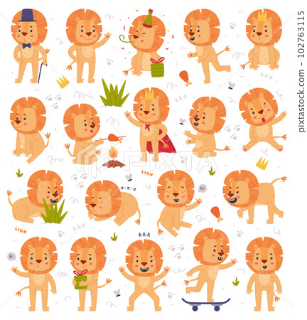 Funny Lion Character with Mane Engaged in Different Activity Vector Set Funny Lion Character with Mane Engaged in Different Activity Vector Set 102763115