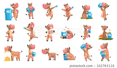 Funny Cow Farm Animal with Udder Enjoying Milk as Dairy Product Big Vector Set 102763118