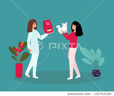 Profession veterinarian. Woman vet holds a dog on an isolated background. Vector illustration in a flat style, 102763208