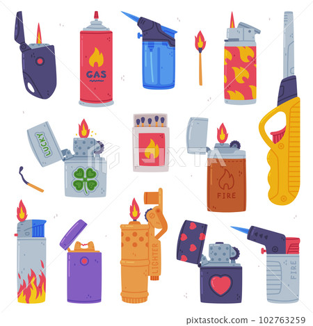 Various Lighters as Portable Device for Igniting Cigarette and Generating Flame Vector Set 102763259