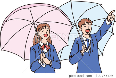 打傘的高中生男孩女孩_顏色_上半身 打傘的高中生男孩女孩_顏色_上半身 102763426