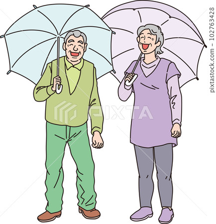 Grandpa and grandma holding an umbrella _ color _ whole body Grandpa and grandma holding an umbrella _ color _ whole body 102763428