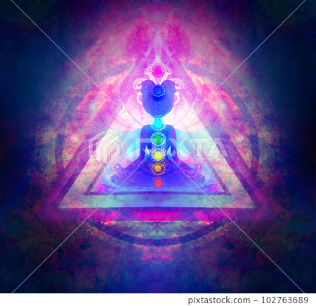 Yoga lotus pose. Padmasana with colored chakra points. Yoga lotus pose. Padmasana with colored chakra points. 102763689