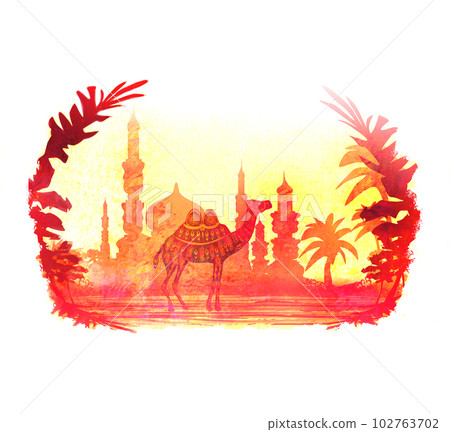 Camel Ride For Sunrise - grunge artistic card 102763702