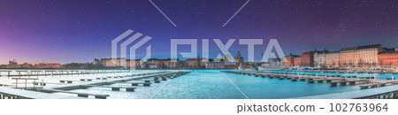 Helsinki, Finland. Very Peri Starry Sky. Panoramic View Of Kanavaranta Street With Uspenski Cathedral And Pohjoisranta Street In Morning Sunrise Time. Bright Dramatic Light Purple Sky 102763964