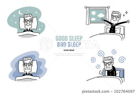 Vector illustration material: going to bed, getting up, sleeping, getting up, senior man 102764097