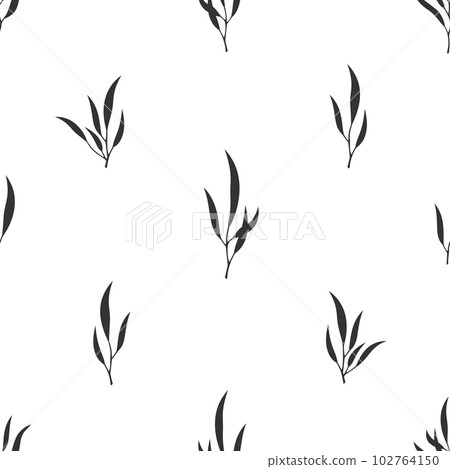 Eucalyptus nicholii leaf twig seamless pattern black silhouette. Vintage stamp tree foliage natural branch tropical floral texture hand drawn plant botanical wallpaper fabric wrapping greetings paper 102764150
