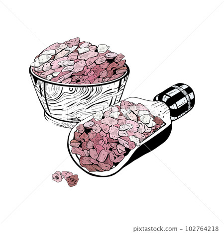 Vector illustration of set with sea cosmetic salt on bowl and shovel on white background. Black outline of pink cristals, graphic drawing in curves. For textile print, stickers, logo, stamps, posters 102764218
