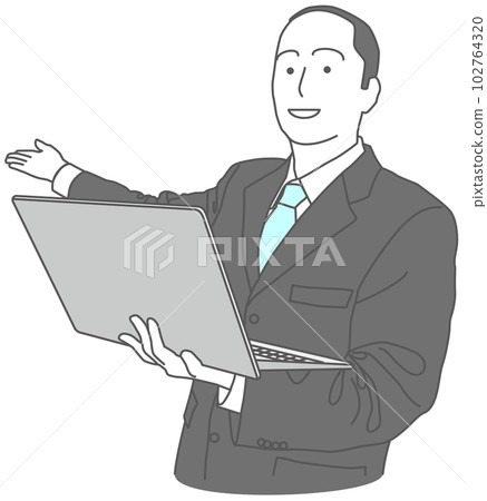 一個穿著西裝的男人拿著筆記本電腦解釋 102764320