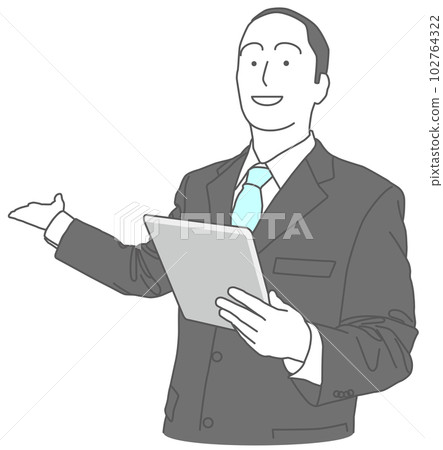 A man in a suit holding a tablet and explaining A man in a suit holding a tablet and explaining 102764322
