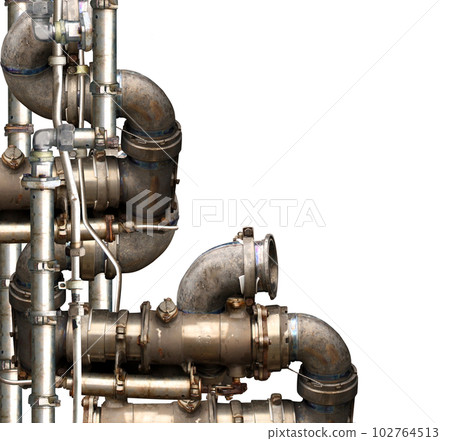 Vintage steampunk decoration with pipes. Retro pipelines and pipe elbow.  Oil, gas or steam pipeline with fittings and valves. Isolated on white background 102764513
