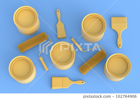 Set of metal cans or buckets with paint rollers and brushes on monochrome. Set of metal cans or buckets with paint rollers and brushes on monochrome. 102764906