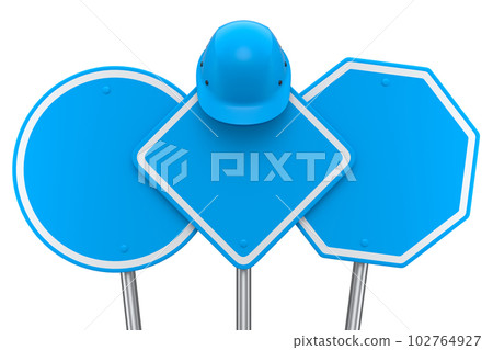 Set of safety helmet or hard hat on road traffic signs on pole on white. Set of safety helmet or hard hat on road traffic signs on pole on white. 102764927