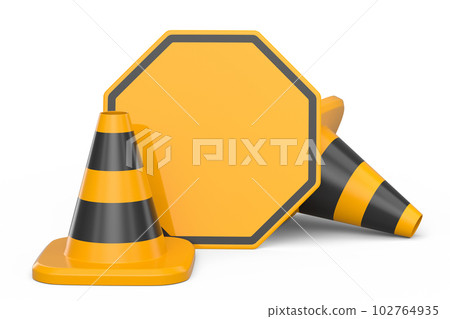 Set of traffic road cones and sign for under construction road work on white Set of traffic road cones and sign for under construction road work on white 102764935