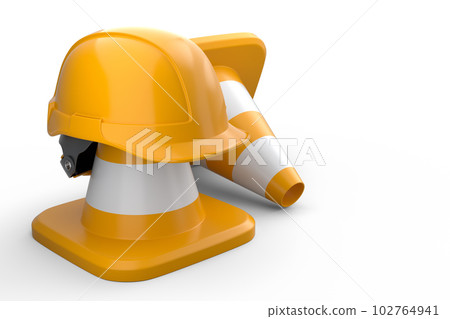 Stack of safety helmets or hard hats and traffic cones on white background Stack of safety helmets or hard hats and traffic cones on white background 102764941