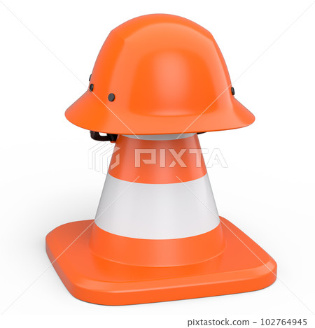 Stack of safety helmets or hard hats and traffic cones on white background Stack of safety helmets or hard hats and traffic cones on white background 102764945
