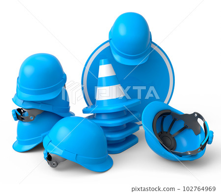 Set of safety helmets or hard hats and traffic cones, road sign on white 102764969