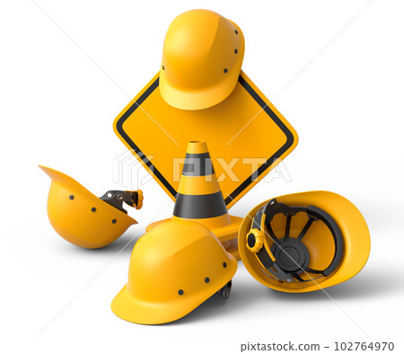 Set of safety helmets or hard hats and traffic cones, road sign on white Set of safety helmets or hard hats and traffic cones, road sign on white 102764970
