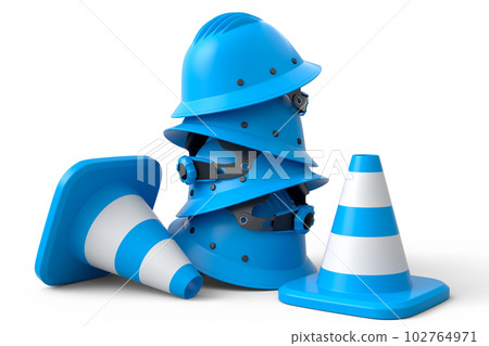 Stack of safety helmets or hard hats and traffic cones on white background Stack of safety helmets or hard hats and traffic cones on white background 102764971