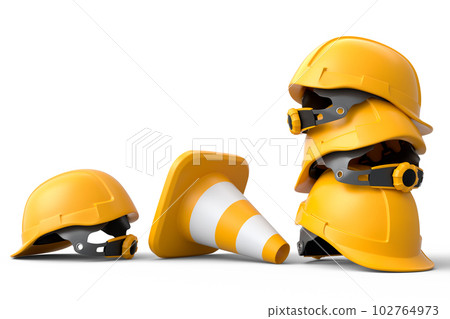 Stack of safety helmets or hard hats and traffic cones on white background Stack of safety helmets or hard hats and traffic cones on white background 102764973