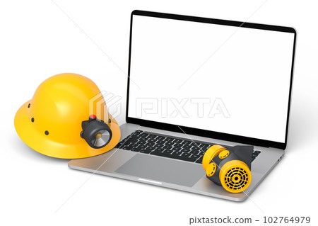 Set of safety helmets or hard caps, respirator and laptop on white background Set of safety helmets or hard caps, respirator and laptop on white background 102764979