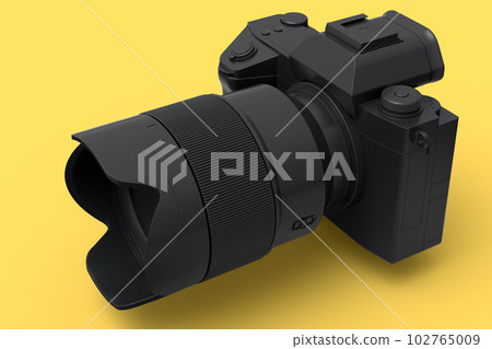 Concept of nonexistent silver DSLR camera with macro lens on yellow monochrome 102765009