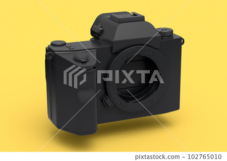 Concept of nonexistent gold DSLR camera isolated on yellow monochrome background 102765010