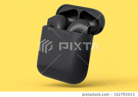 Wireless bluetooth headphones in case isolated on yellow monochrome background Wireless bluetooth headphones in case isolated on yellow monochrome background 102765013