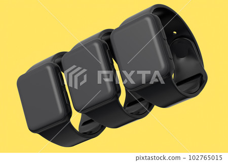 Set of monochrome smart watches or fitness tracker isolated on yellow background Set of monochrome smart watches or fitness tracker isolated on yellow background 102765015