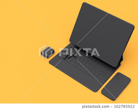 Aluminum laptop with mobile phone headphones on yellow background Aluminum laptop with mobile phone headphones on yellow background 102765022