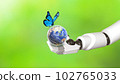 Earth Globe, blue butterfly and robot hand. Biodiversity concept. 102765033